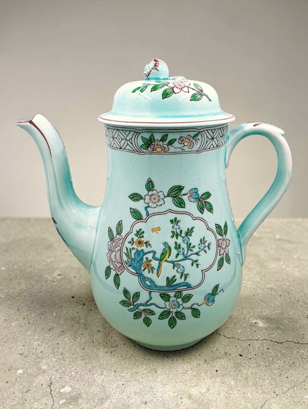 Adams Singapore Bird Coffee Pot with Lid Bluish Green Calyx Ware Ironstone